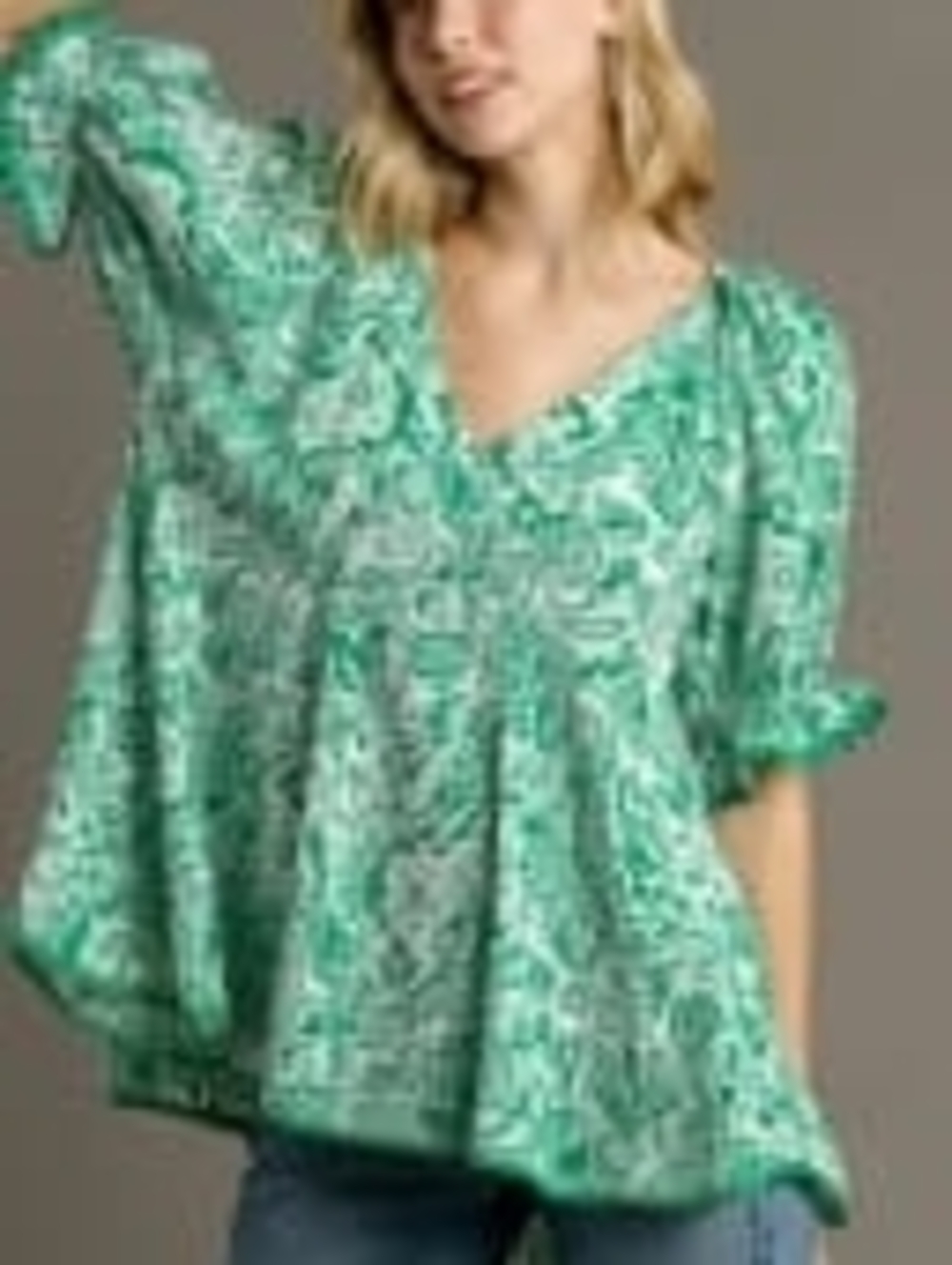 Green Printed V-Neck Women's Blouse (New In Bag)